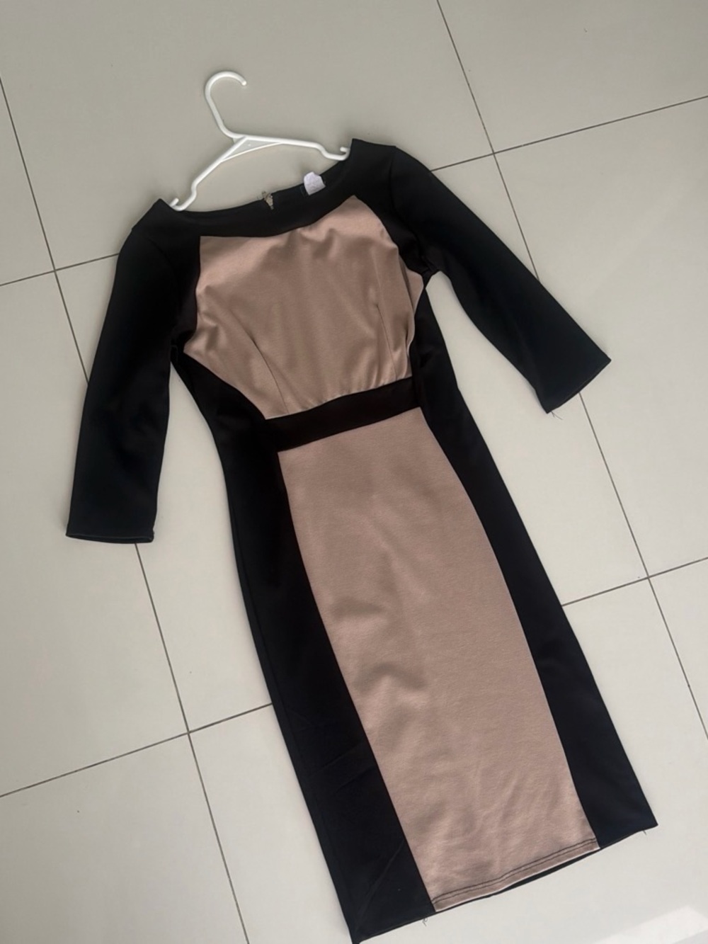 Two-Tone Black and Taupe Midi Sheath Dress